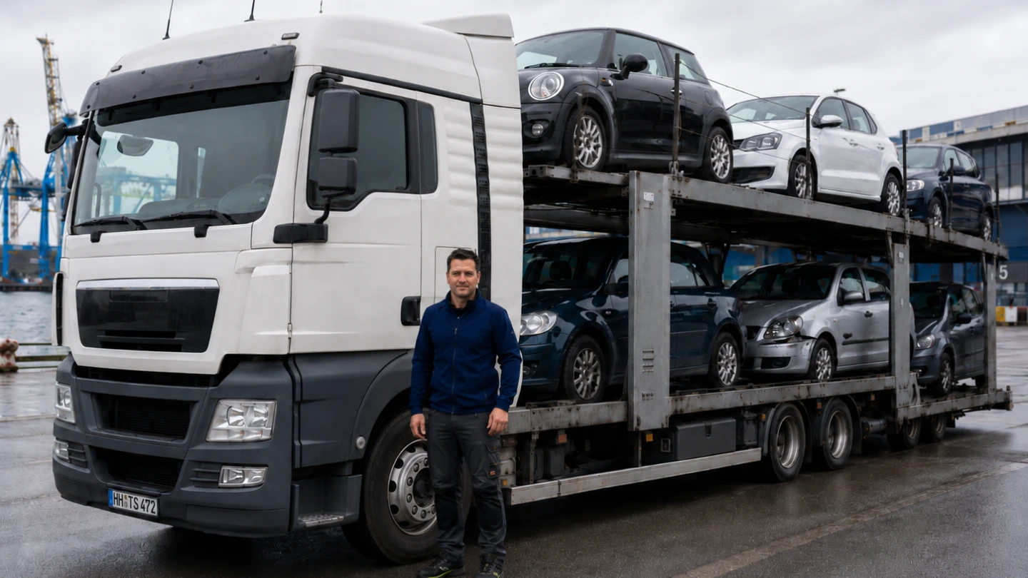 Export-Händler steht vor beladenem Autotransporter im Hafen