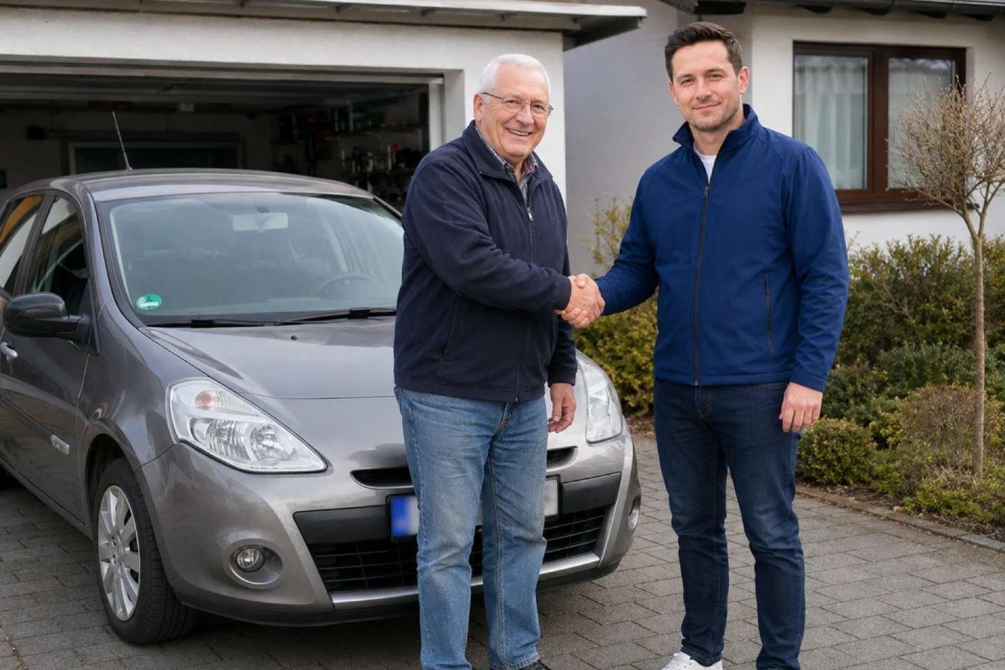 Zufriedener Käufer und Verkäufer besiegeln den Kauf per Handschlag